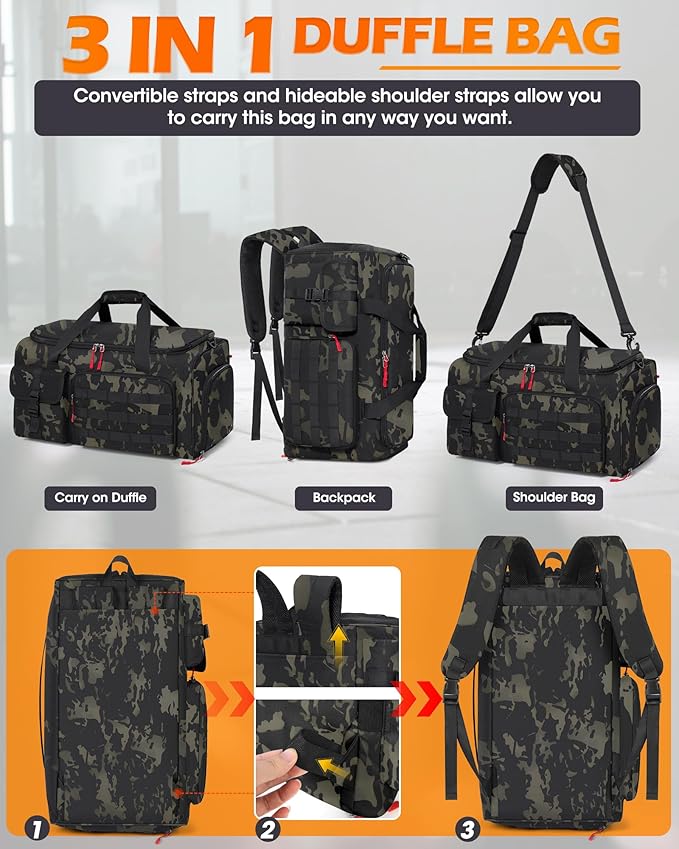 RAINSMORE Gym Bag for Men, 45L Sports Travel Duffel Bag with Shoe & Laptop Compartment, Gym Workout Backpack Carry On Weekender Bag Overnight Backpack for Travel, Green Camo