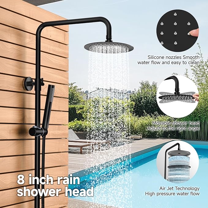 Rainsworth Outdoor Shower Kit Matte Black - Single Handle Brass Valve, 8 Inch Rain Shower Head and Handheld Spray Shower Fixture Combo, SUS 304 Stainless Steel Wall-Mounted Faucet