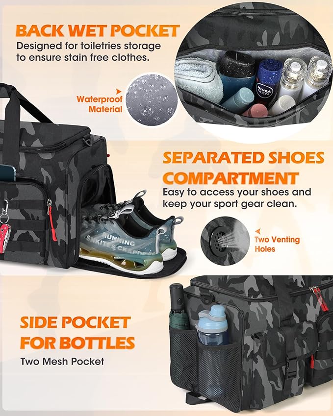 RAINSMORE Gym Bag for Men, 45L Sports Travel Duffel Bag with Shoe & Laptop Compartment, Gym Workout Backpack Carry On Weekender Bag Overnight Backpack for Travel, Black Camo