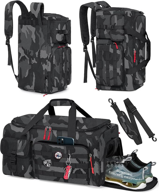 RAINSMORE Gym Bag for Men, 45L Sports Travel Duffel Bag with Shoe & Laptop Compartment, Gym Workout Backpack Carry On Weekender Bag Overnight Backpack for Travel, Black Camo