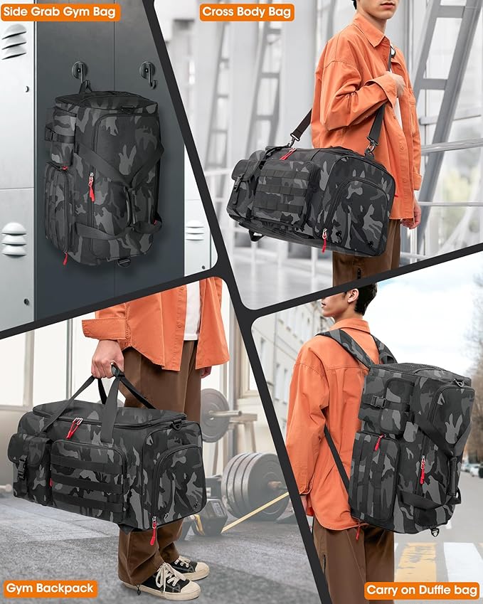 RAINSMORE Gym Bag for Men, 45L Sports Travel Duffel Bag with Shoe & Laptop Compartment, Gym Workout Backpack Carry On Weekender Bag Overnight Backpack for Travel, Black Camo