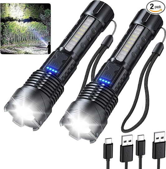 Rechargeable Flashlights 980,000L High Lumens 2 Packs, Super Bright Led Tactical Flashlight Battery Powered Handheld Flash Light with 7 Light Modes, USB C, Waterproof, Zoomable