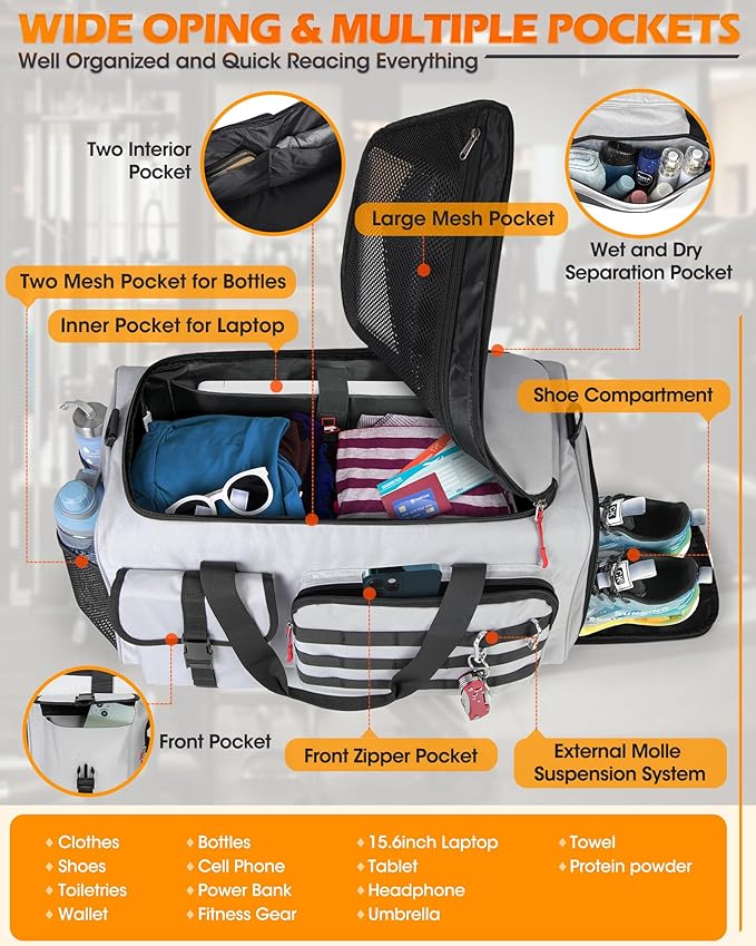 RAINSMORE Gym Bag for Men, 45L Sports Travel Duffel Bag with Shoe & Laptop Compartment, Gym Workout Backpack Carry On Weekender Bag Overnight Backpack for Travel, Grey