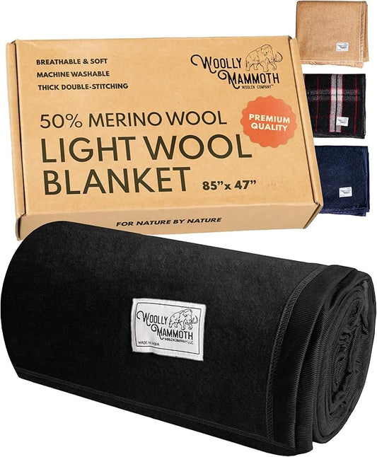 Woolly Mammoth Wool Blanket - Warm Thick 50% Wool Blanket - Machine-Washable Picnic, Travel & Winter Outdoor Throw, 85"x47" Grey