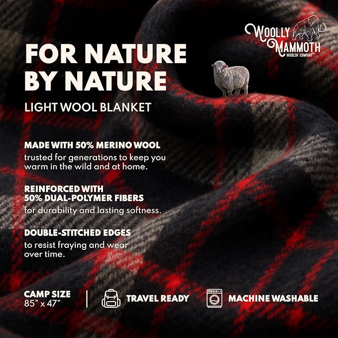 Woolly Mammoth Wool Blanket - 50% Wool, Warm Thick Travel & Outdoor Cover - Machine-Washable Winter Throw (85 x 47 in, Grey/White/Red)