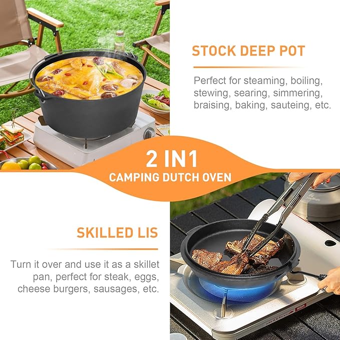 Camping Dutch Oven, 9 Qt Pre-Seasoned Camping Cookware Pot with Lid - Lid Lifter, Cast Iron Dutch Oven with Metal Handle for Cooking BBQ Baking Campfire Modern Black