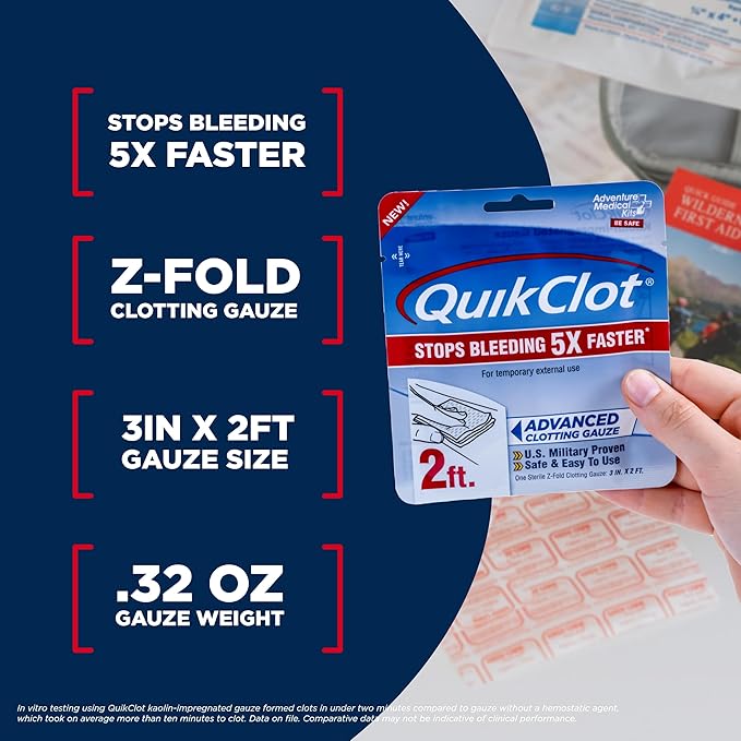 Adventure Medical Kits QuikClot Gauze - Flexible Hemostatic Medical Gauze for Emergency Survival or Disaster Preparedness Kits & More - Stops Bleeding Fast with Kaolin - 3" x 24"