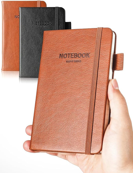 AISBUGUR Pocket Notebook Small Notebook 2-Pack, 3.5" x 5.5" Pocket Notebooks Hardcover with Thick Lined Paper, Inner Pockets, Cover Letter Embossing Design Mini Journal Notepad 1Black 1Brown