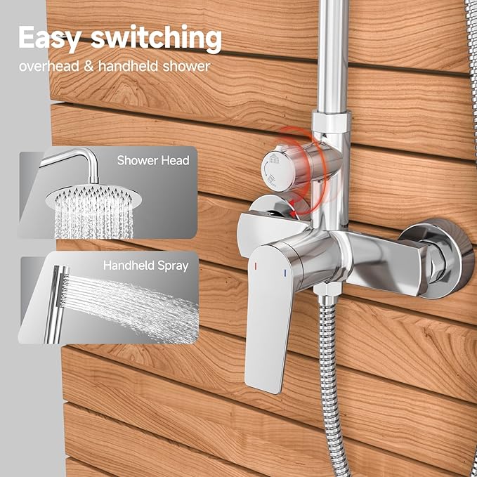 Rainsworth Outdoor Shower Kit Chrom - Single Handle Brass Valve, 8 Inch Rain Shower Head and Handheld Spray Shower Fixture Combo, SUS 304 Stainless Steel Wall-Mounted Faucet