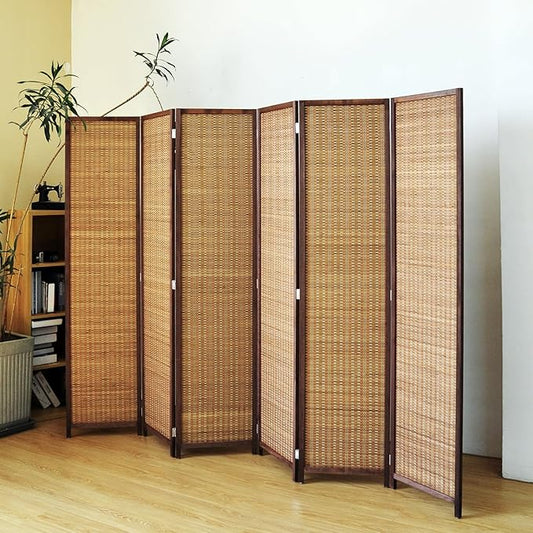 6 Panel Bamboo Room Divider, 5.6 FT Tall Folding Privacy Screen, Freestanding for Room Separation, Brown