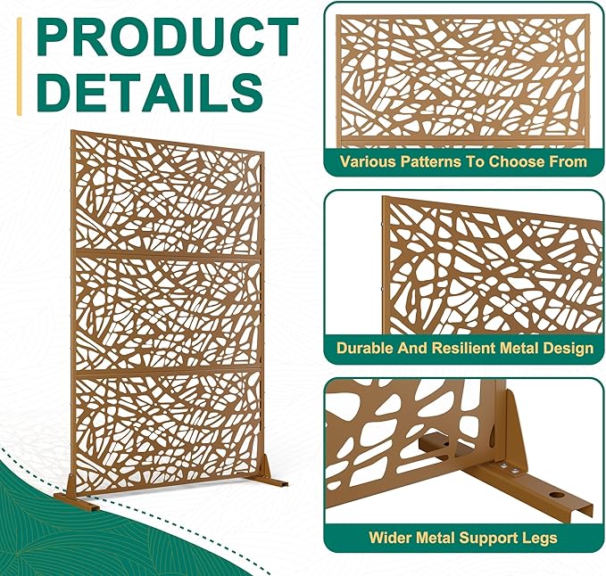 72" H47" W Metal Outdoor Privacy Screen - Freestanding, Decorative Fence (3 Panels)