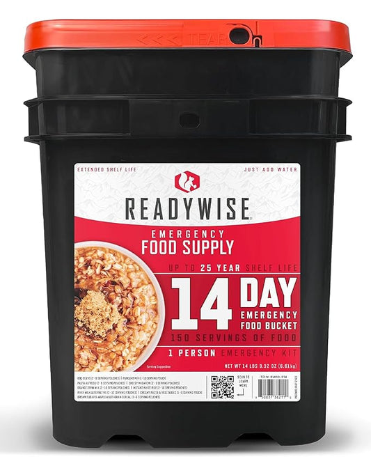 ReadyWise Emergency Food Supply - 14 Day, 150 Servings Emergency Freeze Dried Food Bucket, Protein Meals, Camping Essentials, Survival Kit, Disaster Prepping Supplies, up to 25 Year Shelf Life