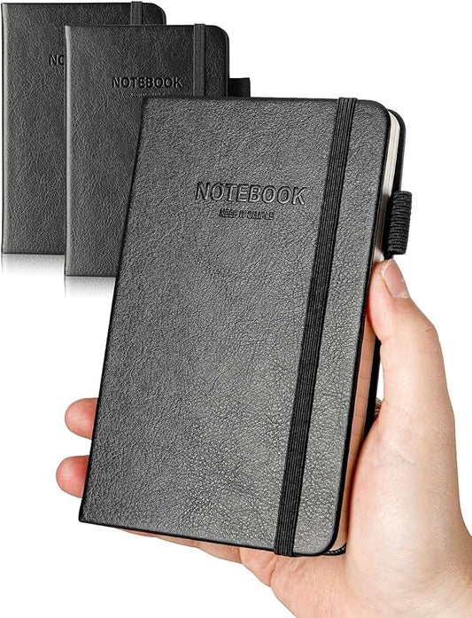 AISBUGUR Pocket Notebook Small Notebook 2-Pack, 3.5" x 5.5" Pocket Notebooks Hardcover with Thick Lined Paper, Inner Pockets, Cover Letter Embossing Design Mini Journal Notepad Black Leather