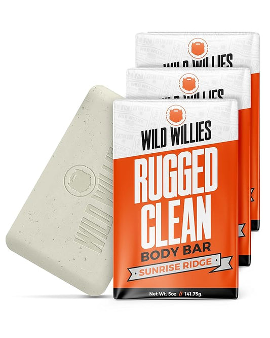 Wild Willies Moisturizing Mens Bar Soap - Bath Soaps with Shea Butter for Odor Protection - Natural Body Bar for Men - Sunrise Ridge Scent, 3 Pack