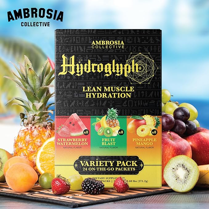 Ambrosia Hydroglyph Intraworkout Formula w/BCAA + EAA + Electrolytes Hydration Powder to Protect Lean Muscle, 0g Sugar Fasting Hydration Drink Mix, Made w/Coconut Water (Variety Pack) On-The-Go Packs