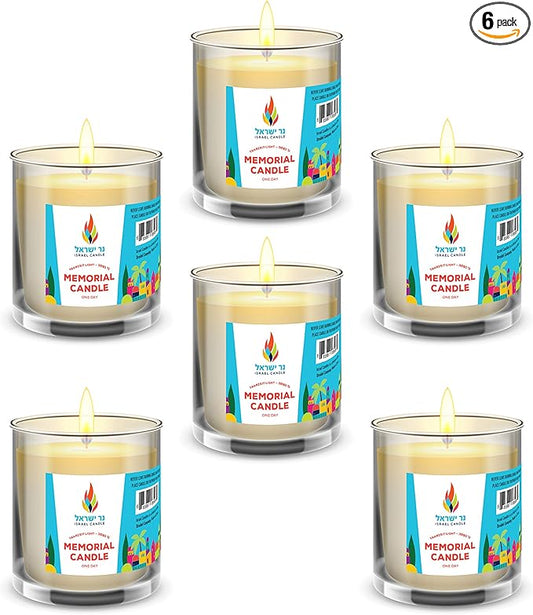 24 Hour Candles, 1 Day Glass Yahrzeit Memorial Candles (6 Pack) | Burns for Approximately 26 Hours, Good for Yizkor and Yahrzeit, 1 Day Candle in Glass Tumbler
