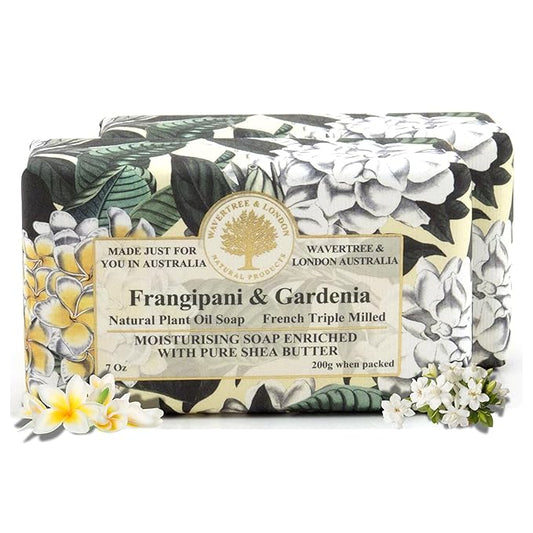 Wavertree & London Frangipani Gardenia Scented Natural Soap (2 Bars), 7oz Moisturizing French Triple Milled Soap Bars enriched with shea butter - Pure Plant Based Bath & Body Bars for All Skin Types