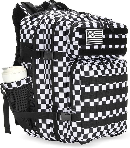 45L Tactical Assault Backpack 3 day assault pack with Molle Waterproof backpack Rucksack for Tactical Backpacks (Black and white check)