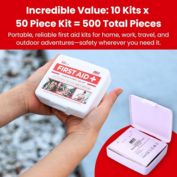 Bulk 10-Pack Mini First Aid Kit Bundle (500 Pieces Total, 50 Pieces Per Kit) – M2 BASICS First Aid Kits for Car, Vehicles, Travel, Home, Charity, Donations – Compact Emergency Medical Supplies