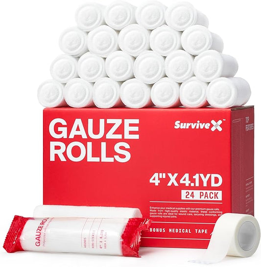 4" Stretch Gauze Roll – Conforming Medical Bandage Wrap for Wound Care, First Aid, and Injury Dressing, 24 Count
