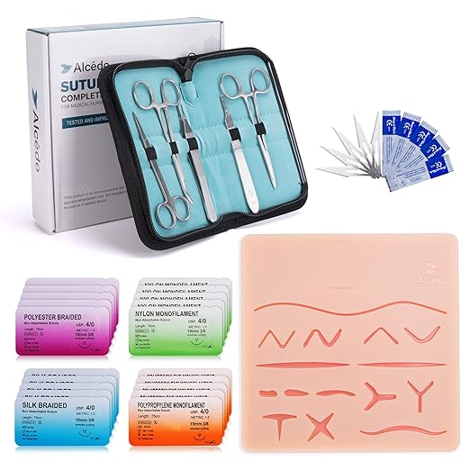 Alcedo Suture Practice Kit for Medical Students, Complete Set (32 Pieces) Include Extra Large Suturing Pad with Pre-Cut Wounds, Tools Kit, and Suture Threads, Perfect for Demonstration and Education