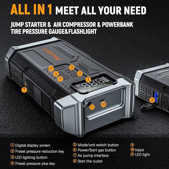 [2025NEW Model] 5000A Jump Starter with Air Compressor,Battery Jumper Starter Portable with 150PSI Tire Inflator 12V Jump Box with LCD Display,Flashlight,Storage Case (Up 9L Gas/8L Diesel Engine