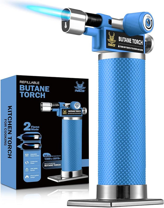 RAVS 2 Flame Mode Butane Torch, Kitchen Torch Lighter for Creme Brulee, Mini Torch with Adjustable Flame, Refillable Soldering Torches for Welding, Resin Art, Blue Cooking torch Butane not Include