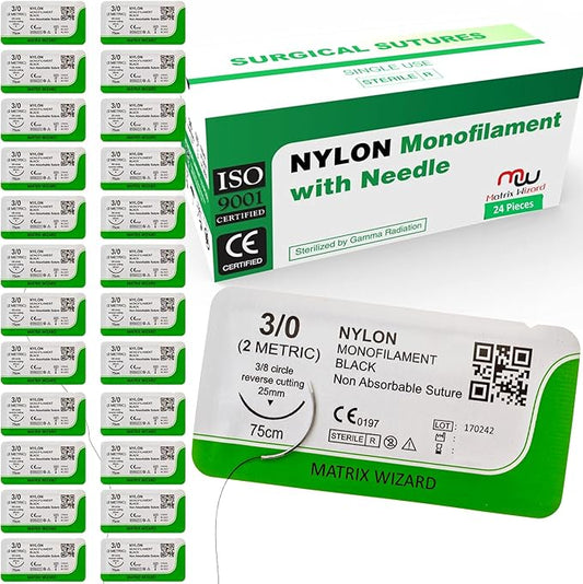 3-0 Sterile Sutures Thread with Needle (Black Monofilament) - Medical and Nursing Student's Surgical Practice Suture Kit, Training with Stitching Pad, First Aid Field Emergency Demo, Vet Use