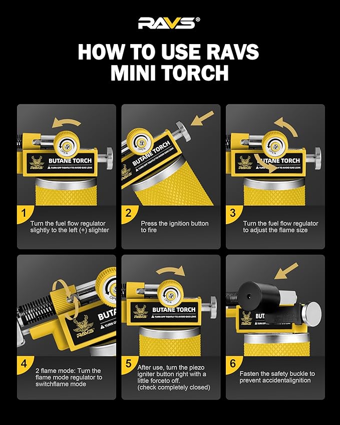 RAVS 2 Flame Mode Butane Torch Lighter, Refillable Kitchen Torch with Adjustable Flame and Safety Buckle, Yellow Jewelry Torch for Welding, Resin Art, Industrial, Butane Fuel not Include