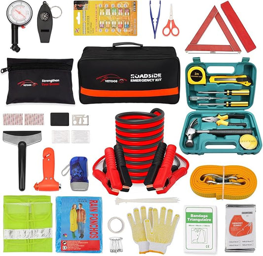 Vetoos Roadside Emergency Car Kit with Jumper Cables, Auto Vehicle Safety Road Side Assistance Kit Essentials, Winter Car Kit for Women and Men, with Repair Tool Set, Dial Tire Pressure Gauge