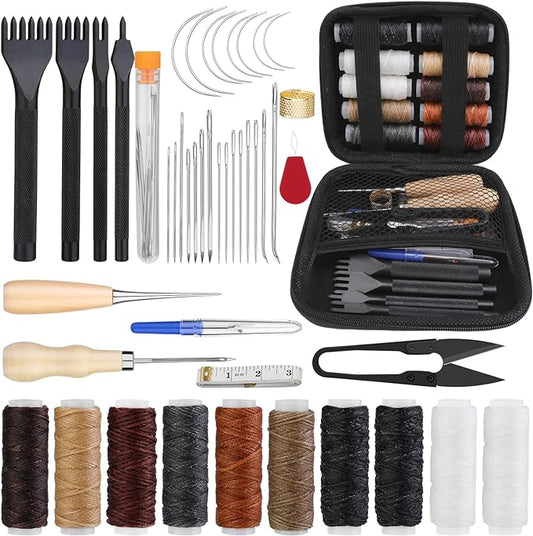 Yizzvb 46 Pcs Leather Stitching Sewing Kit,Sewing Tools Kit with 4mm Lacing Stitching Chisel, Waxed Thread and Large-Eye Needles for Leather Craft Projects DIY Sewing Work