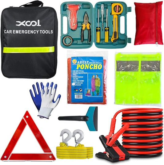 XOOL Car Emergency Kit - Roadside Safety Assistance Vehicle Emergency Kit Bag for Women Men with Jumper Cables, First Aid Kit, Tow Strap, Reflective Warning Triangle, Repair Tool Box