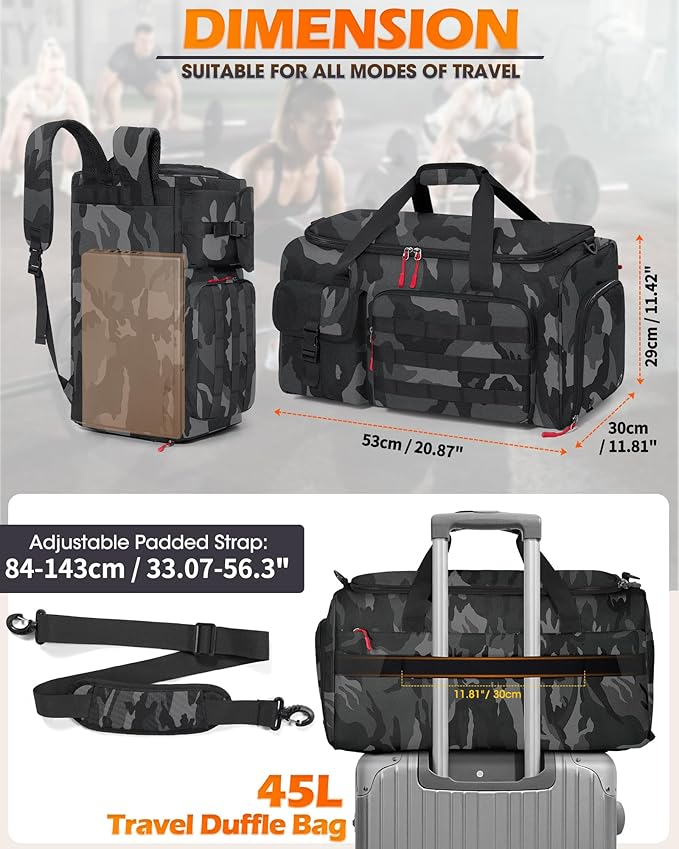 RAINSMORE Gym Bag for Men, 45L Sports Travel Duffel Bag with Shoe & Laptop Compartment, Gym Workout Backpack Carry On Weekender Bag Overnight Backpack for Travel, Black Camo