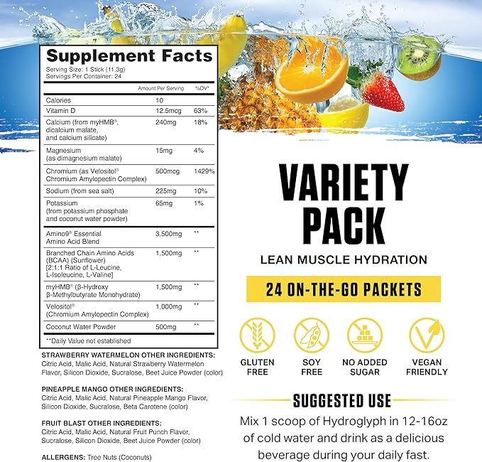 Ambrosia Hydroglyph Intraworkout Formula w/BCAA + EAA + Electrolytes Hydration Powder to Protect Lean Muscle, 0g Sugar Fasting Hydration Drink Mix, Made w/Coconut Water (Variety Pack) On-The-Go Packs