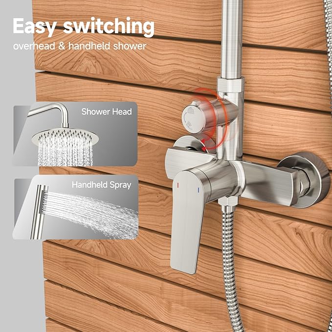 Rainsworth Outdoor Shower Kit Brushed Nickel - Single Handle Brass Valve, 8 Inch Rain Shower Head and Handheld Spray Shower Fixture Combo, SUS 304 Stainless Steel Wall-Mounted Faucet