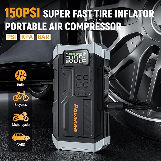 [2025NEW Model] 5000A Jump Starter with Air Compressor,Battery Jumper Starter Portable with 150PSI Tire Inflator 12V Jump Box with LCD Display,Flashlight,Storage Case (Up 9L Gas/8L Diesel Engine