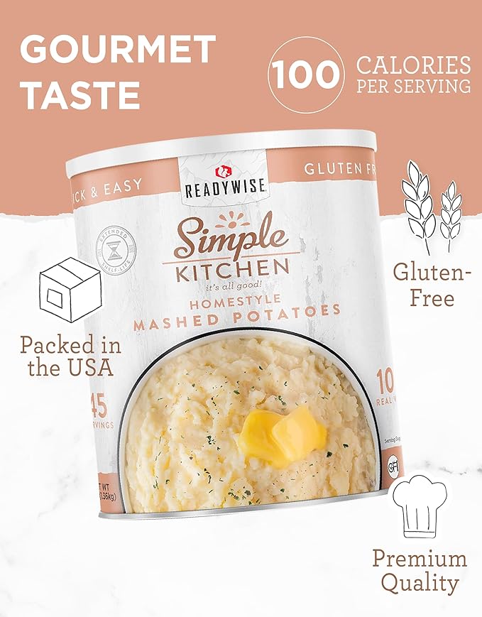 READYWISE - Simple Kitchen, Homestyle Mashed Potatoes, 45 Servings, MRE, Emergency Food Supply, Gluten Free, Mashed Potatoes, Canned Vegetables, Freeze Dried Food, Camping, Survival Food, #10 Can