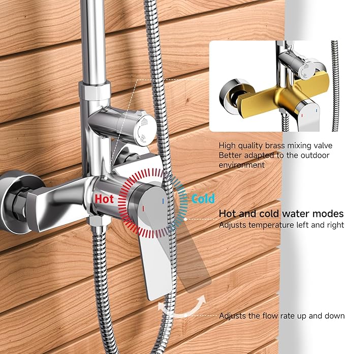 Rainsworth Outdoor Shower Kit Chrom - Single Handle Brass Valve, 8 Inch Rain Shower Head and Handheld Spray Shower Fixture Combo, SUS 304 Stainless Steel Wall-Mounted Faucet