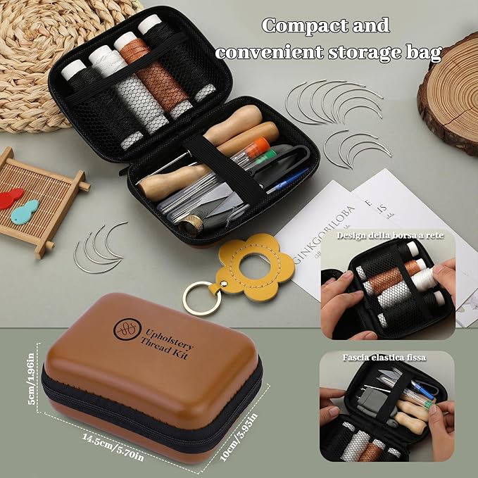 Yizzvb Heavy Duty Sewing Kit, Upholstery Thread Kit with Nylon Thread, Hand Sewing Needles, Sewing Awl, Upholstery Tools and Supplies for Carpets, Canvas, Sofa and Leather, Sewing Kit for Adults