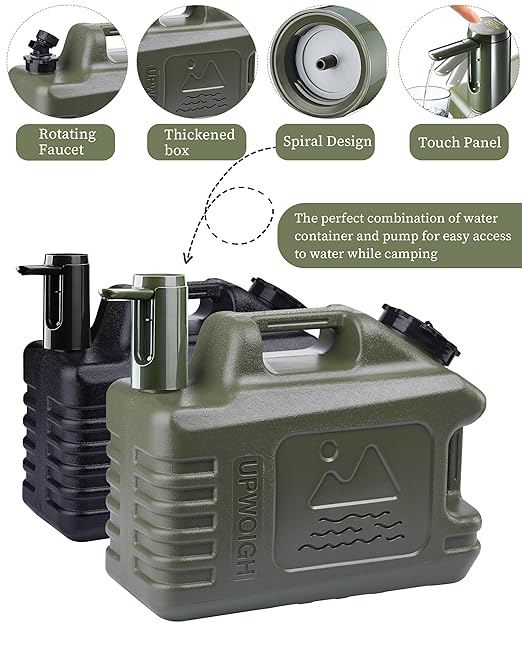 UPWOIGH Portable 5 Gallon Water Jug with Automatic Touch Control Pump, Truly Leak-Proof BPA-Free Water Container with Spigot, Type-C Rechargeable Military Green Water Pump Gear for Camping Hiking