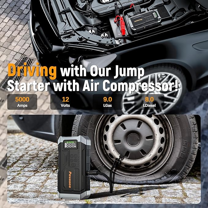 [2025NEW Model] 5000A Jump Starter with Air Compressor,Battery Jumper Starter Portable with 150PSI Tire Inflator 12V Jump Box with LCD Display,Flashlight,Storage Case (Up 9L Gas/8L Diesel Engine