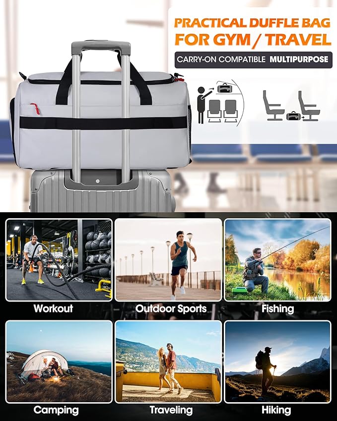 RAINSMORE Gym Bag for Men, 45L Sports Travel Duffel Bag with Shoe & Laptop Compartment, Gym Workout Backpack Carry On Weekender Bag Overnight Backpack for Travel, Grey