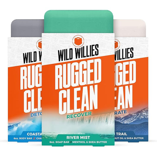 Wild Willies Moisturizing Mens Bar Soap - Bath Soaps with Shea Butter for Odor Protection - Natural Body Bar for Men - Variety Pack, 3 Pack Coastl Drift, Aspen Trail, River Mist