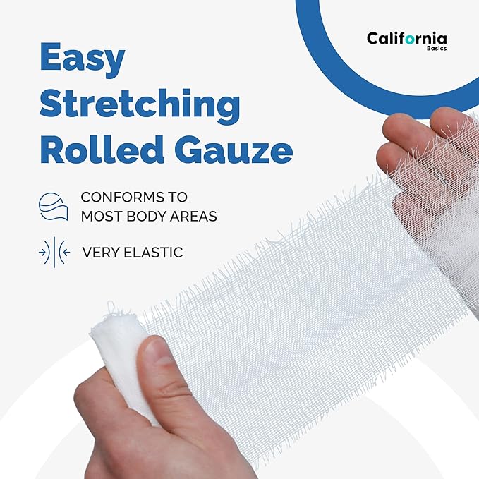 California Basics 48-Pack Gauze Bandage Roll with Tape, 4 Inches x 4 Yards - Soft, Stretchable & Breathable Wrap for Wound Care, First Aid & Medical Supplies - White