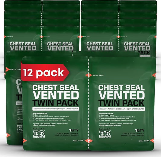 Vented Chest Seal with Quick Tear – 6.6” Occlusive Adhesive Dressing for Open Chest Wounds – Medical-Grade Hydrogel Adhesive for Trauma Kits – 12-Pack (24-Counts)