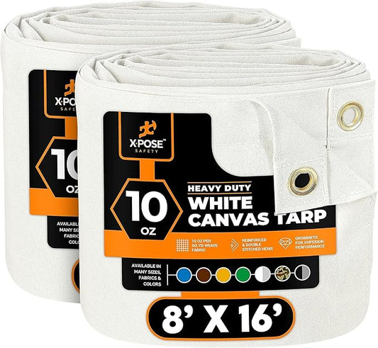 Xpose Safety Canvas Tarp - 10oz White Canvas Tarps Heavy Duty Water Resistant with Brass Grommets- Multipurpose Outdoor Tarpaulin for Camping, Canopy, Trailer, Equipment Cover 8' x 16' (2 Pack)