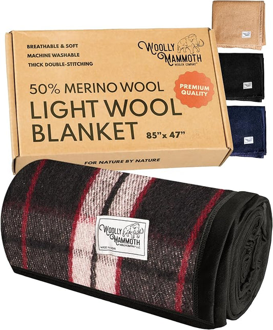 Woolly Mammoth Wool Blanket - 50% Wool, Warm Thick Travel & Outdoor Cover - Machine-Washable Winter Throw (85 x 47 in, Grey/White/Red)