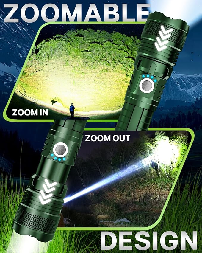 Victoper Green LED Flashlights, High Powered High Lumens Super Bright Tactical Flashlight, Rechargeable, 5 Modes Zoomable Waterproof Flash Lights for Emergency, Outdoor, Home, Camping, Hiking