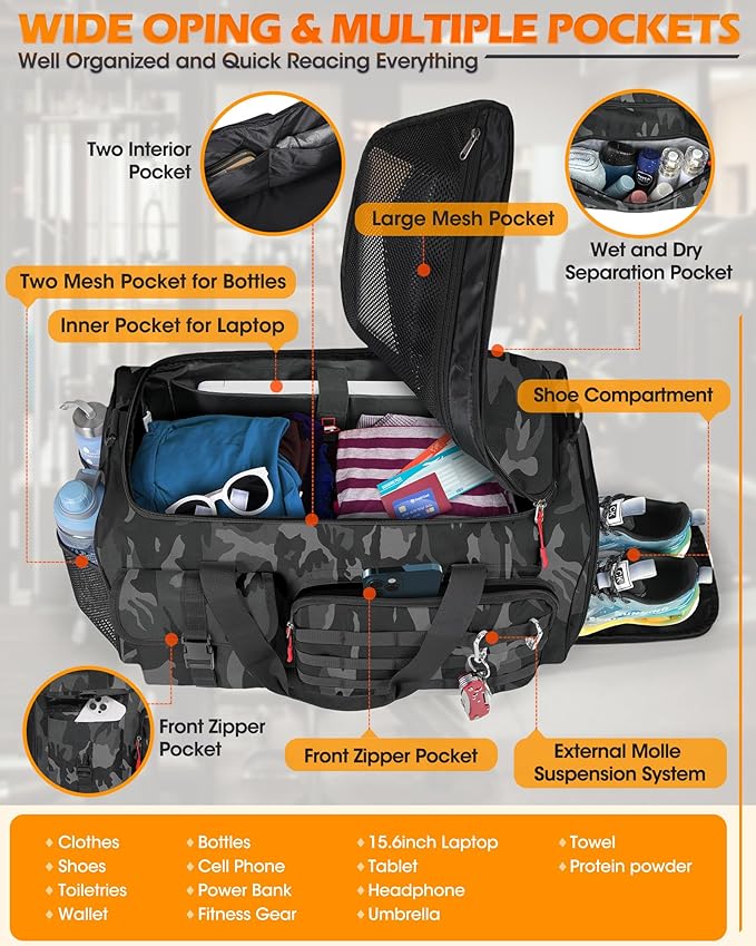 RAINSMORE Gym Bag for Men, 45L Sports Travel Duffel Bag with Shoe & Laptop Compartment, Gym Workout Backpack Carry On Weekender Bag Overnight Backpack for Travel, Black Camo