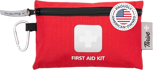Thrive Mini Emergency Kit & First Aid Pouch - College Dorm Sick Kit - 66 Piece Set - Waterproof Rip-Stop Nylon Pouch with Multi-Size Bandages, Wipes & Safety Pins